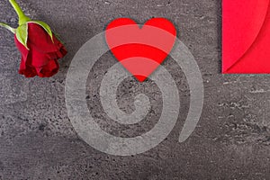 Decoration of red rose, heart and love letter for Valentines Day, copy space for text