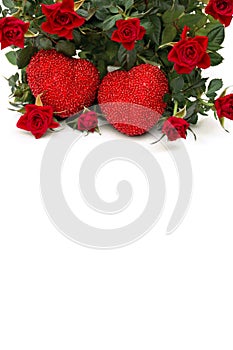 Decoration of Valentine Day. Beautiful flowers red roses with red hearts on a white background with space for text