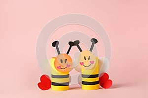 Decoration for valentine day, bithday, baby shower home party toys made with toilet paper roll. Handicraft bee with red hearts,