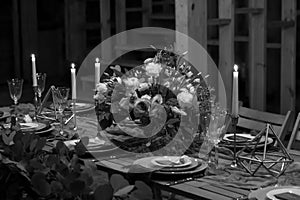Decoration wedding table before a banquet in a barn.