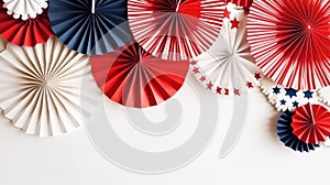 Decorations for 4th July, Independence Day USA. Paper fans and stars on white wooden background. Copy space, flat lay. Generative