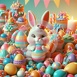 decorations and bunny with easter colorful eggs, colorful holiday, highly detailed tacky, cute funny