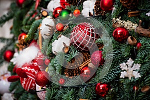 Decorations on Christmas tree. Christmas decor. Details.Christmas tree decorations homes.