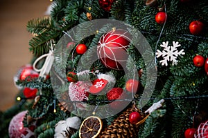 Decorations on Christmas tree. Christmas decor. Details.Christmas tree decorations homes.