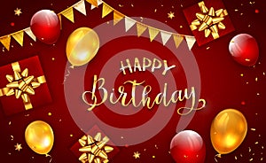 Decorations with Gifts and Balloons on Red Birthday Background