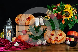 Decorations for Halloween holiday season with pumpkins