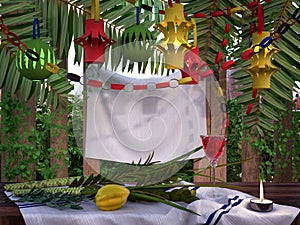 Decorations inside a Sukkah during the Jewish holiday photo