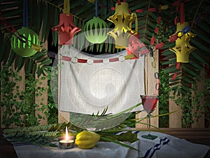 Decorations inside a Sukkah during the Jewish holiday