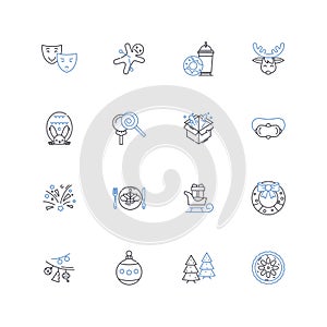 Decorations line icons collection. Lights, Ornaments, Garland, Wreath, Tinsel, Baubles, Ribbons vector and linear
