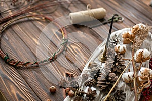 Decorations for making rustic christmas wreath, holiday workshop