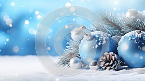 Decorations on snow. Banner and Background for Christmas and New Year. Generative Ai