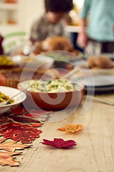 Decorations On Table Set For Thanksgiving Meal At Home