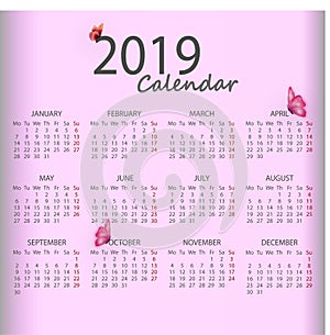 Decorative 2019 monthly calendar with pink butterfly