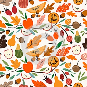 Decorative abstract autumnal seamless pattern, with seasonal cut out elements