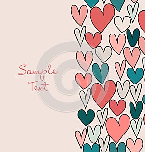 Decorative abstract love border. Cute cartoon banner with hand drawn hearts. Graphic design for cards, crafts, gifts