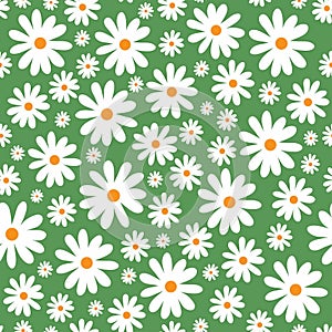 Decorative abstract seamless pattern with white daisy on green background