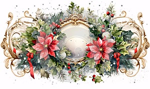 Decorative advent wreath with pine branches and green leaves together with red poinsettia flowers.