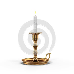 Decorative antique Brass Candleholder with lit white pillar candle. 3D illustration