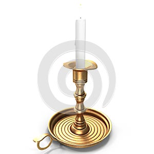 Decorative antique Brass Candleholder with lit white pillar candle. 3D illustration