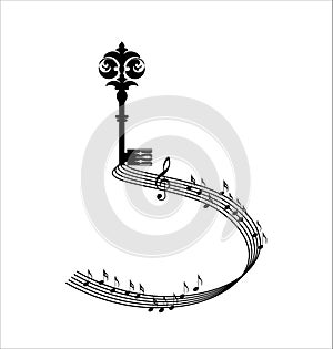 Decorative antique key and curl with music notes