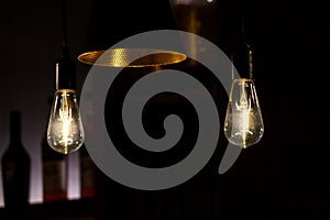 Decorative antique light bulbs and modern light lamp in the restaurant