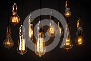 Decorative Antique Retro Edison Light Bulbs on Dark Background. Generative ai