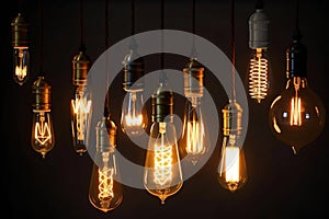 Decorative Antique Retro Edison Light Bulbs on Dark Background. Generative ai