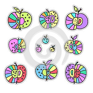 Decorative apples. A set of stickers. Bright color vector illustration isolated on white background.