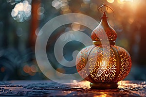 Decorative Arabic lantern with burning candle, glowing in the night. Festive card, invitation to the holy holiday for