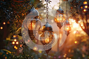 Decorative Arabic lantern with burning candle, glowing in the night. Festive card, invitation to the holy holiday for