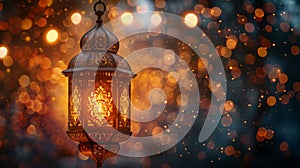 Decorative Arabic lantern with burning candle, glowing in the night. Festive card, invitation to the holy holiday for