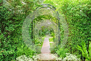 Decorative arched iron gateway to a garden