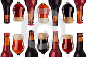 Decorative art border pattern of beer in bottles and wineglass with foam - lager, red ale, porter - isolated on white background.