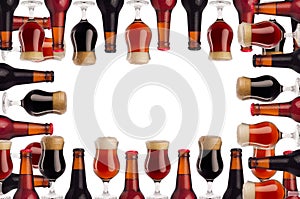 Decorative art frame of beer in bottles and wineglass with foam - lager, red ale, porter - isolated on white background.