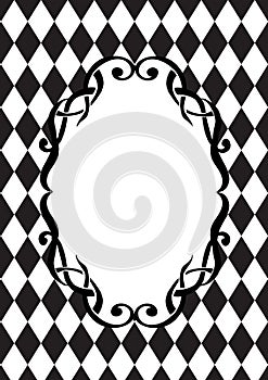 Decorative art nuovo blank frame on Alice in Wonderland style diamond checker pattern A4 vertical format with text place ans space