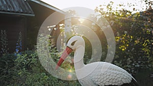 Decorative artificial plastic fake bird in backyard garden, stork imitation