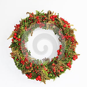 Decorative autumn wreath with moss, berries and tiny apples