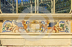 Decorative azulejo tile work at Palacio de Cristal, art exhibition venue built in 1887 in Buen Retiro Park, Madrid Spain