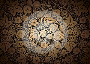 Decorative background in black and gold with floral motifs, flowers, leaves and berries in the style of Russian Khokhloma painting