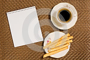 Decorative background coffee, notebook, and breakfast