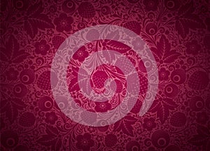 Decorative background in dark pink, magenta with floral motifs, flowers, leaves and berries in the style of Russian Khokhloma