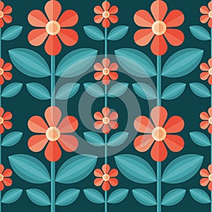 Decorative background design. Flowers and leaves mid-century modern vector artwork. Abstract geometric seamless pattern.