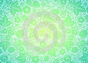 Decorative background in light green with floral motifs, flowers, leaves and berries painting. Vector illustration