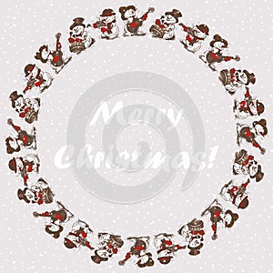 Decorative  background with round border from cheerful christmas snowmen musicians