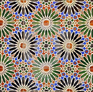 Decorative background of tile socle in Arabic style inside a spanish house.