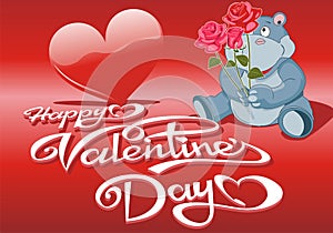 Decorative background Valentines Day with hearts and Hippo with a bouquet of roses