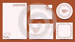 decorative backgrounds with coffee beans and cups. Vector templates. Coffee drinks