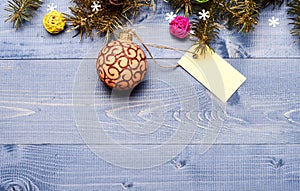 Decorative ball toy and gift tag copy space. Winter and christmas holidays concept. Get ready for christmas. Christmas