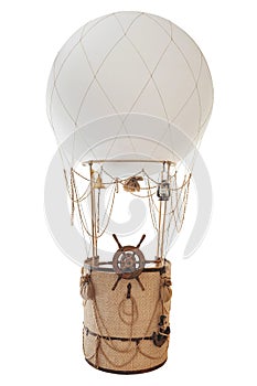 Decorative balloon on a white background with a basket, ropes and a helm