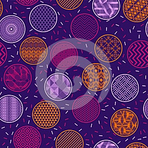 Decorative bandana swatch geometric seamless ornament. Round shapes with geometric